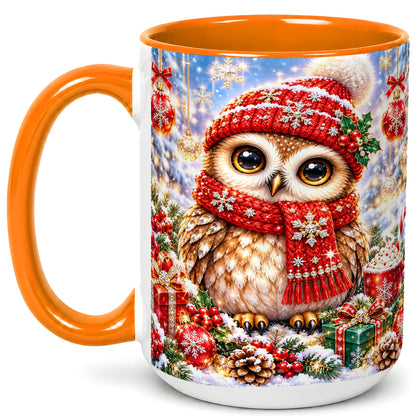 #pl[15oz|Orange] Jeweled Christmas Owl Coffee Mug, Winter Owl Mug, Ceramic Cup