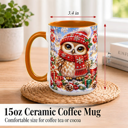 #pl[15oz|Orange] Jeweled Christmas Owl Coffee Mug, Winter Owl Mug, Ceramic Cup