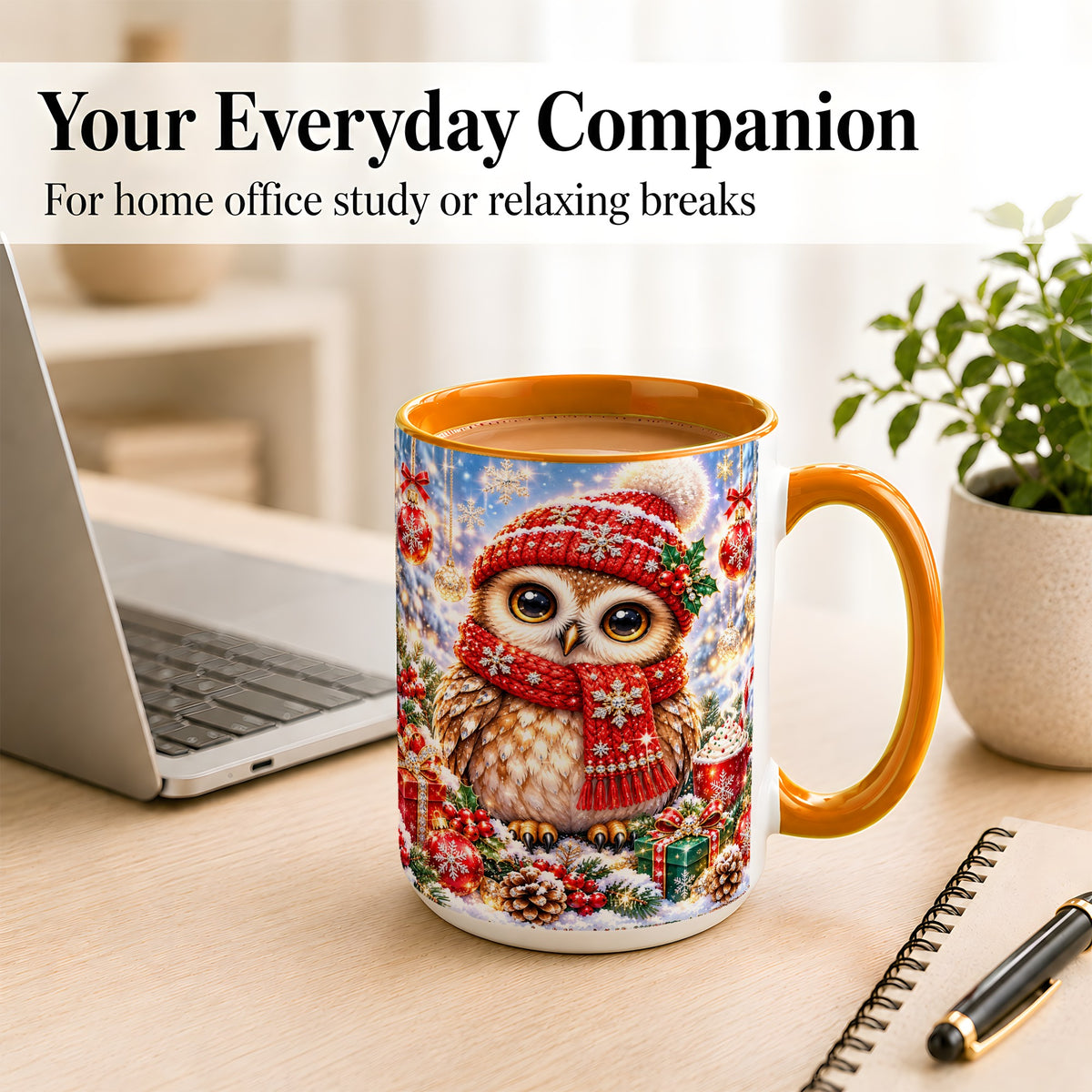 #pl[15oz|Orange] Jeweled Christmas Owl Coffee Mug, Winter Owl Mug, Ceramic Cup