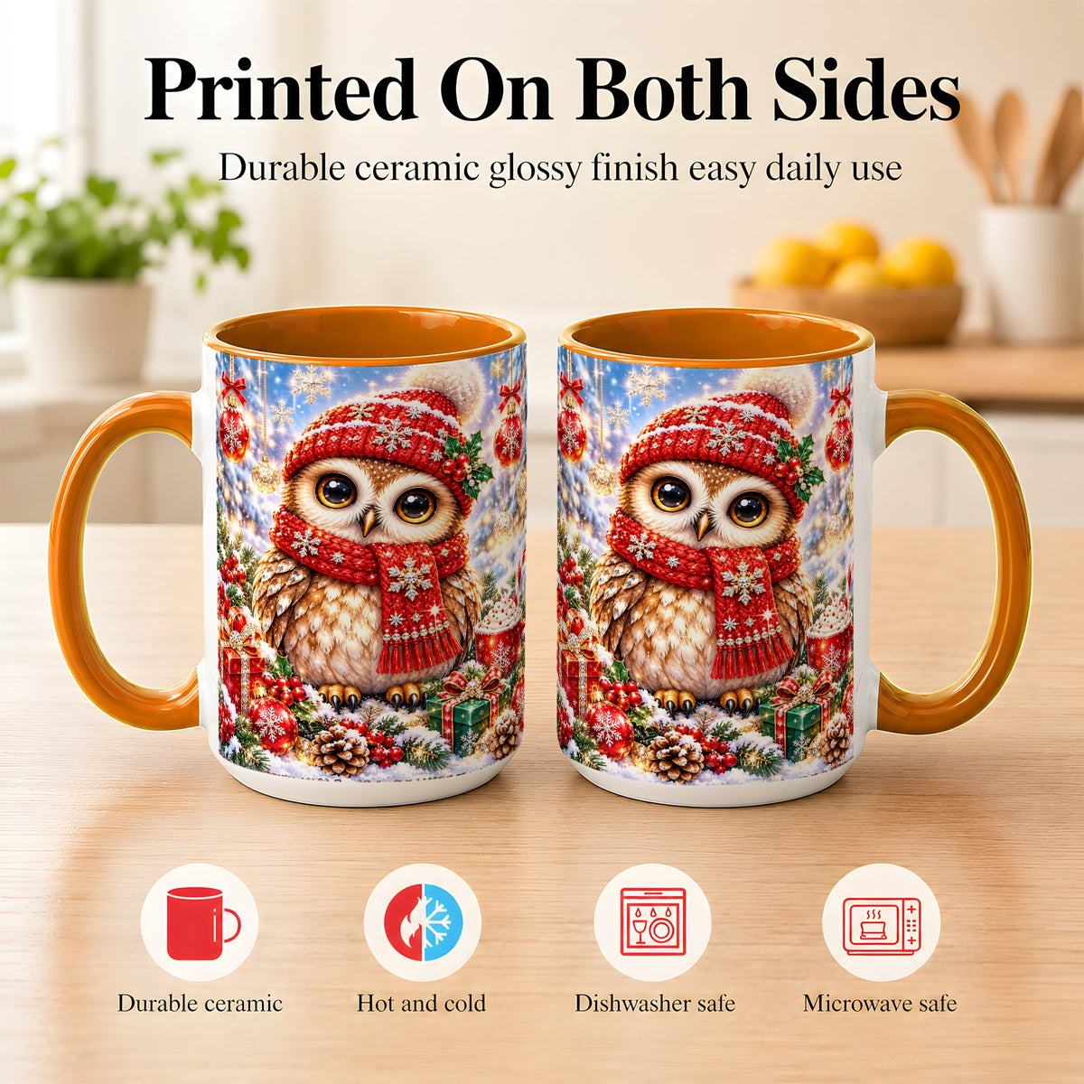 #pl[15oz|Orange] Jeweled Christmas Owl Coffee Mug, Winter Owl Mug, Ceramic Cup