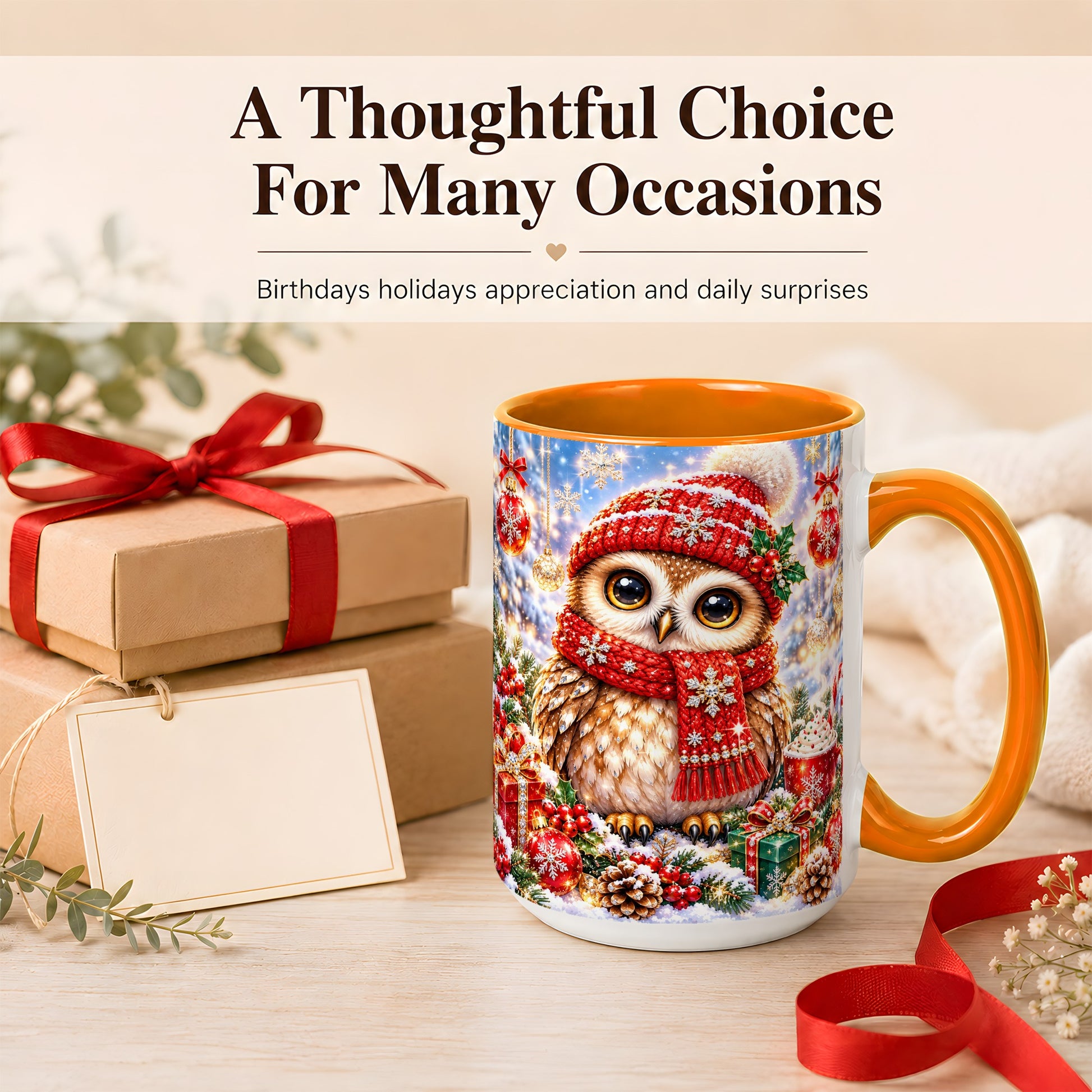 #pl[15oz|Orange] Jeweled Christmas Owl Coffee Mug, Winter Owl Mug, Ceramic Cup
