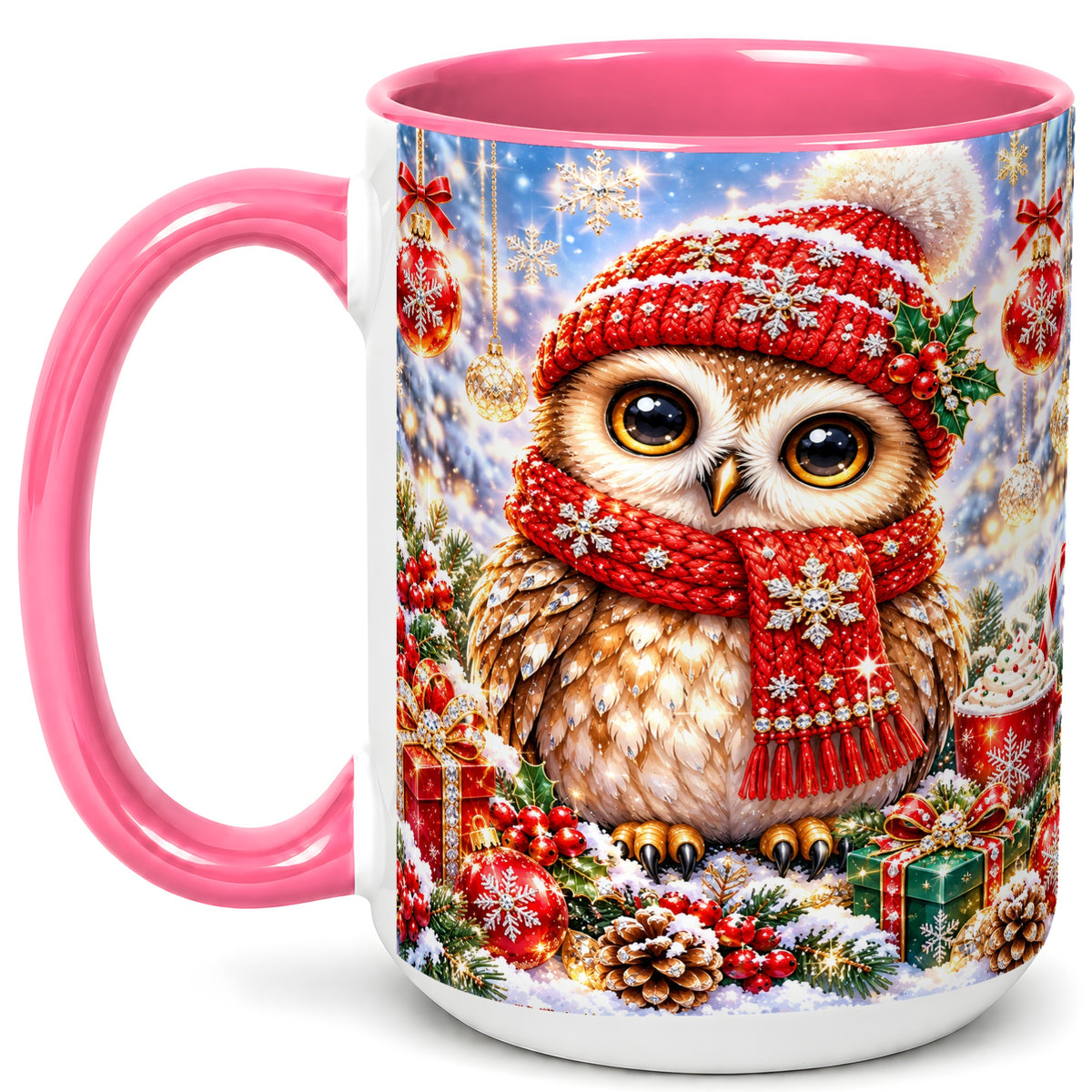 #pl[15oz|Pink] Jeweled Christmas Owl Coffee Mug, Winter Owl Mug, Ceramic Cup