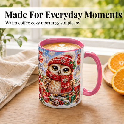 #pl[15oz|Pink] Jeweled Christmas Owl Coffee Mug, Winter Owl Mug, Ceramic Cup