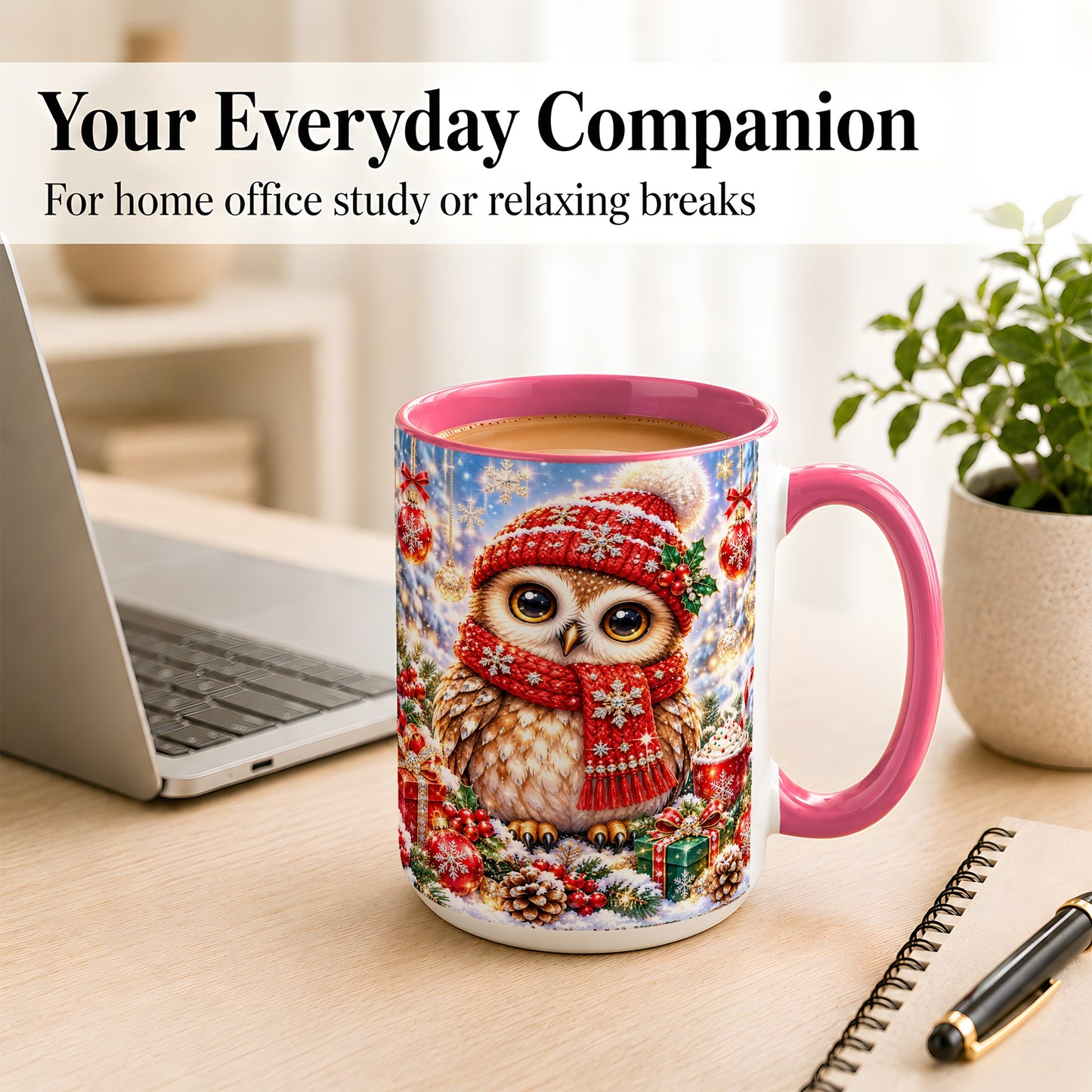 #pl[15oz|Pink] Jeweled Christmas Owl Coffee Mug, Winter Owl Mug, Ceramic Cup