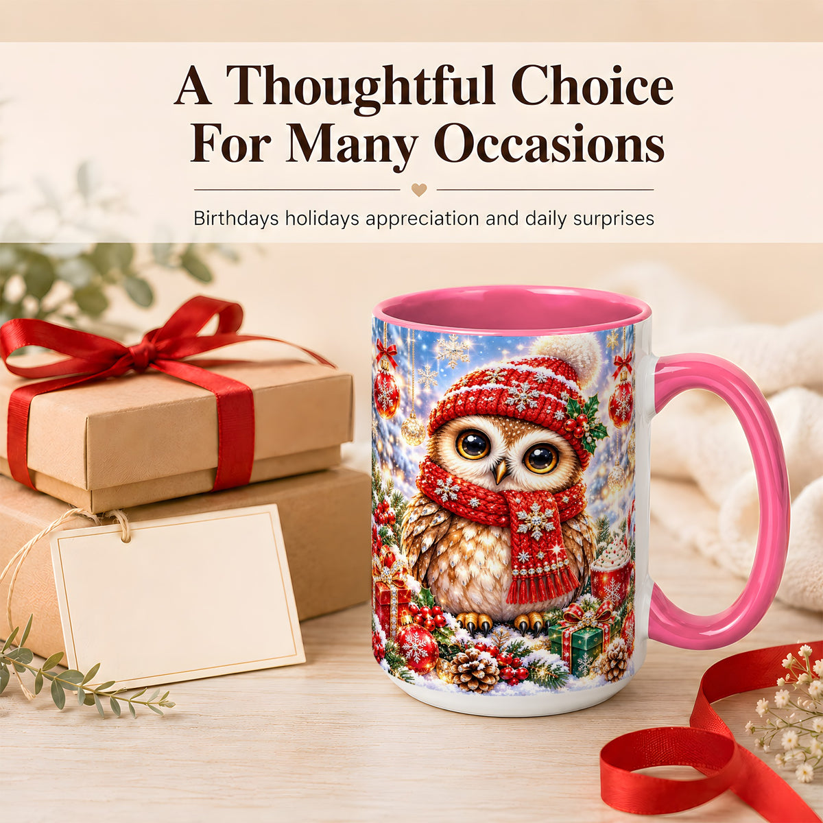 #pl[15oz|Pink] Jeweled Christmas Owl Coffee Mug, Winter Owl Mug, Ceramic Cup