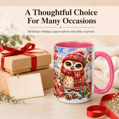#pl[15oz|Pink] Jeweled Christmas Owl Coffee Mug, Winter Owl Mug, Ceramic Cup