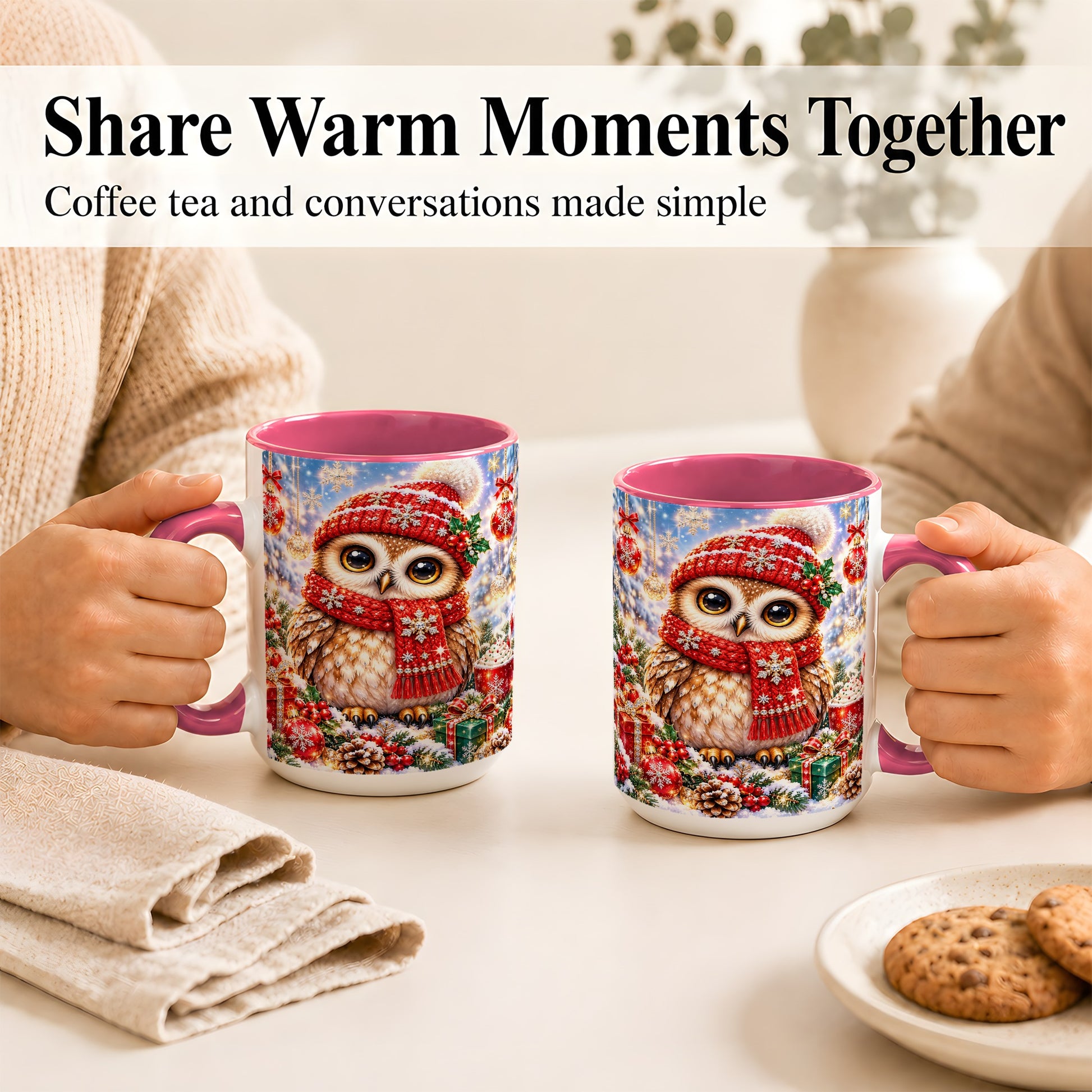 #pl[15oz|Pink] Jeweled Christmas Owl Coffee Mug, Winter Owl Mug, Ceramic Cup