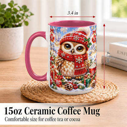#pl[15oz|Pink] Jeweled Christmas Owl Coffee Mug, Winter Owl Mug, Ceramic Cup