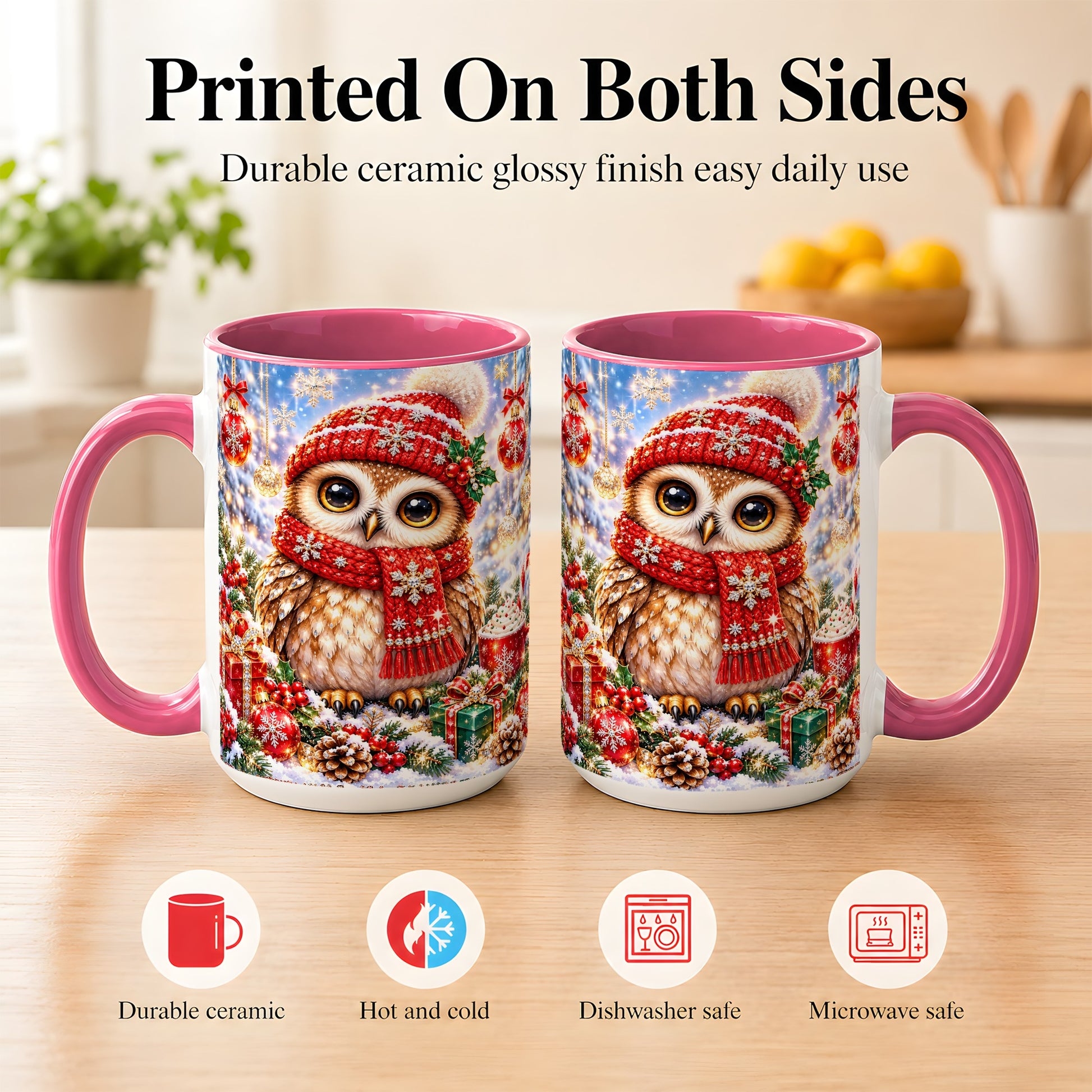 #pl[15oz|Pink] Jeweled Christmas Owl Coffee Mug, Winter Owl Mug, Ceramic Cup