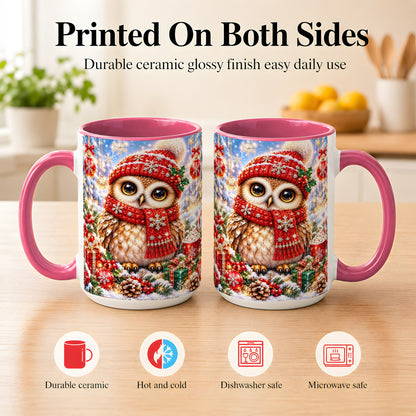 #pl[15oz|Pink] Jeweled Christmas Owl Coffee Mug, Winter Owl Mug, Ceramic Cup