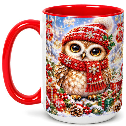 #pl[15oz|Red] Jeweled Christmas Owl Coffee Mug, Winter Owl Mug, Ceramic Cup