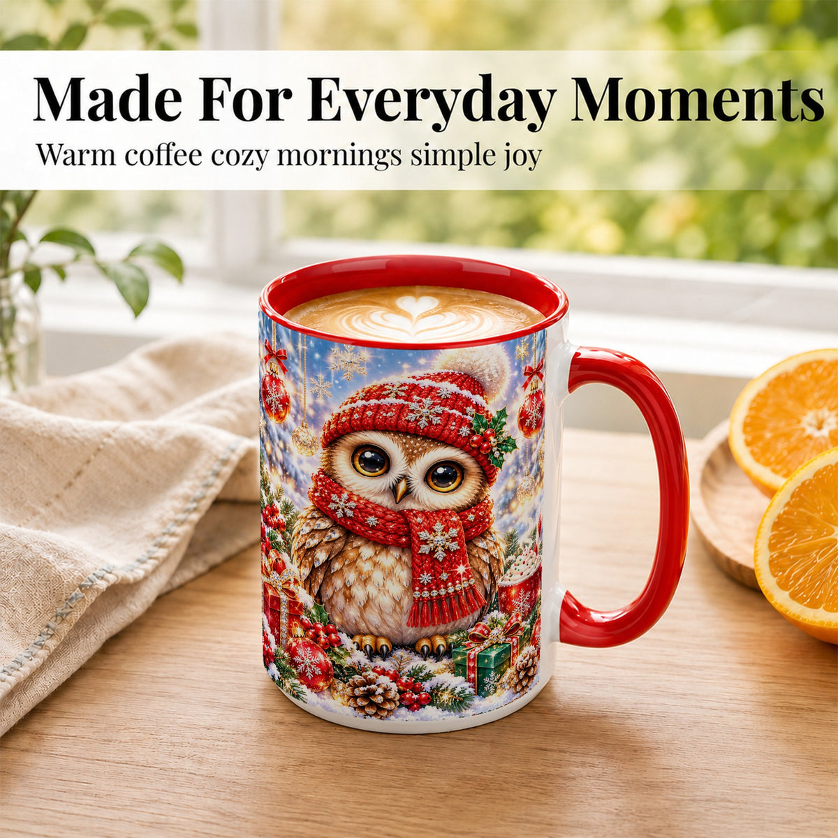 #pl[15oz|Red] Jeweled Christmas Owl Coffee Mug, Winter Owl Mug, Ceramic Cup
