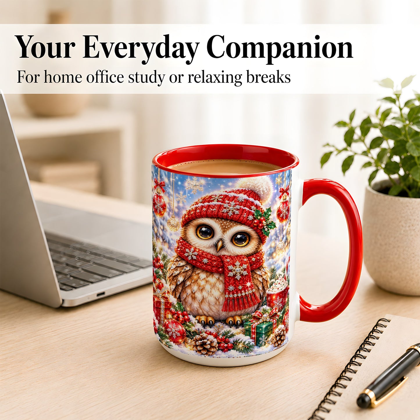 #pl[15oz|Red] Jeweled Christmas Owl Coffee Mug, Winter Owl Mug, Ceramic Cup