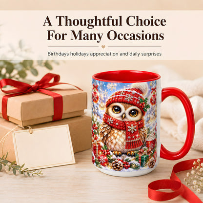 #pl[15oz|Red] Jeweled Christmas Owl Coffee Mug, Winter Owl Mug, Ceramic Cup