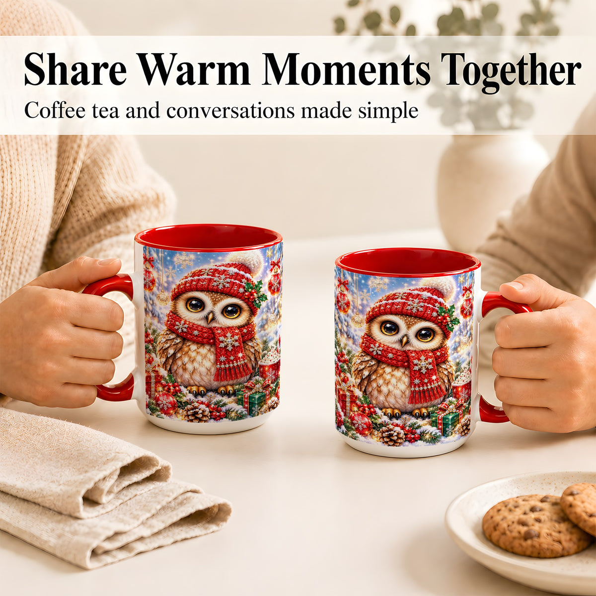 #pl[15oz|Red] Jeweled Christmas Owl Coffee Mug, Winter Owl Mug, Ceramic Cup