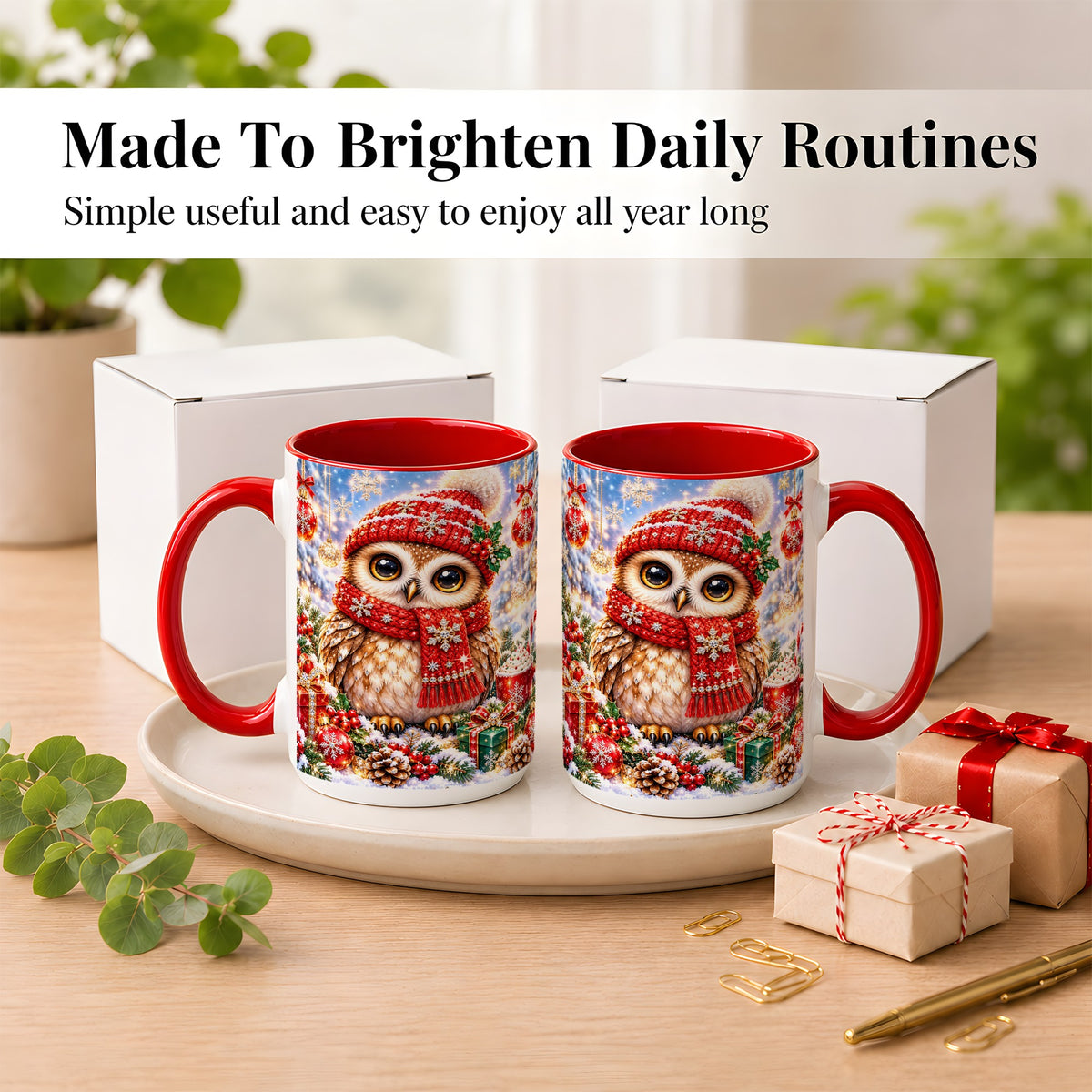 #pl[15oz|Red] Jeweled Christmas Owl Coffee Mug, Winter Owl Mug, Ceramic Cup