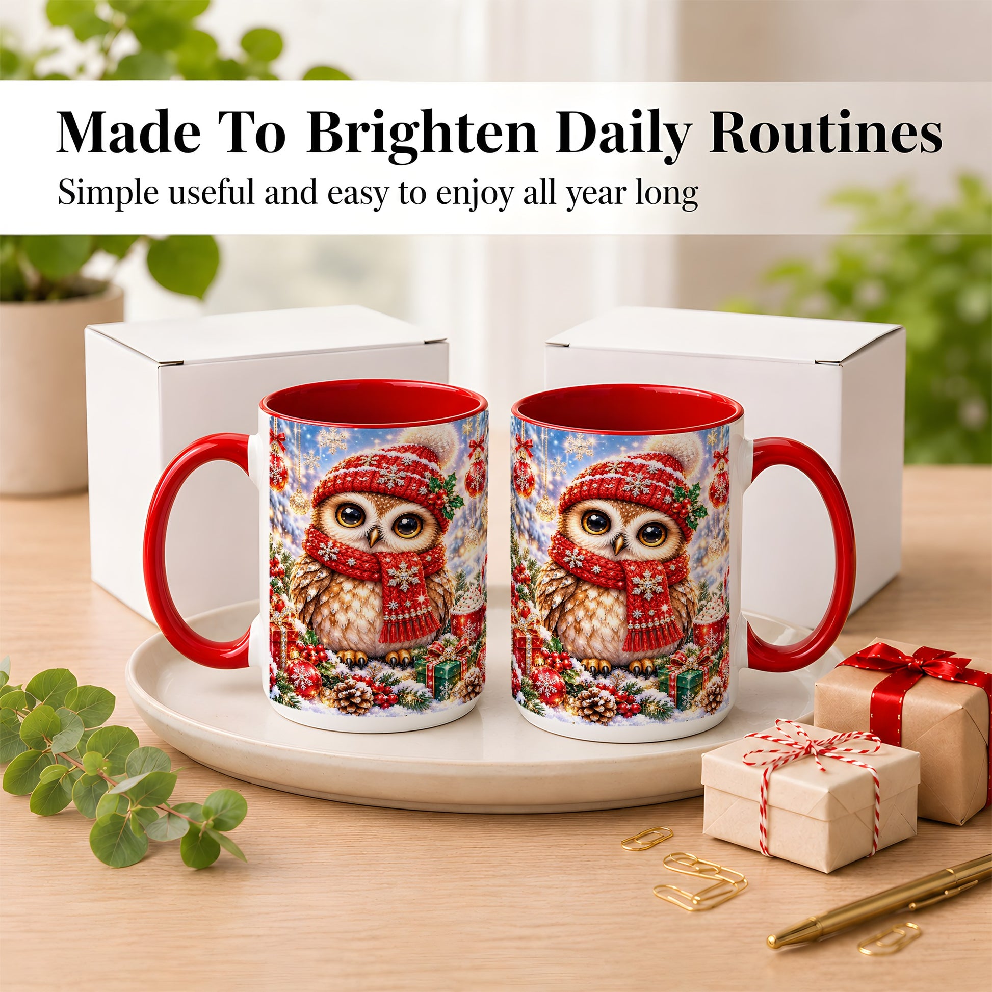 #pl[15oz|Red] Jeweled Christmas Owl Coffee Mug, Winter Owl Mug, Ceramic Cup