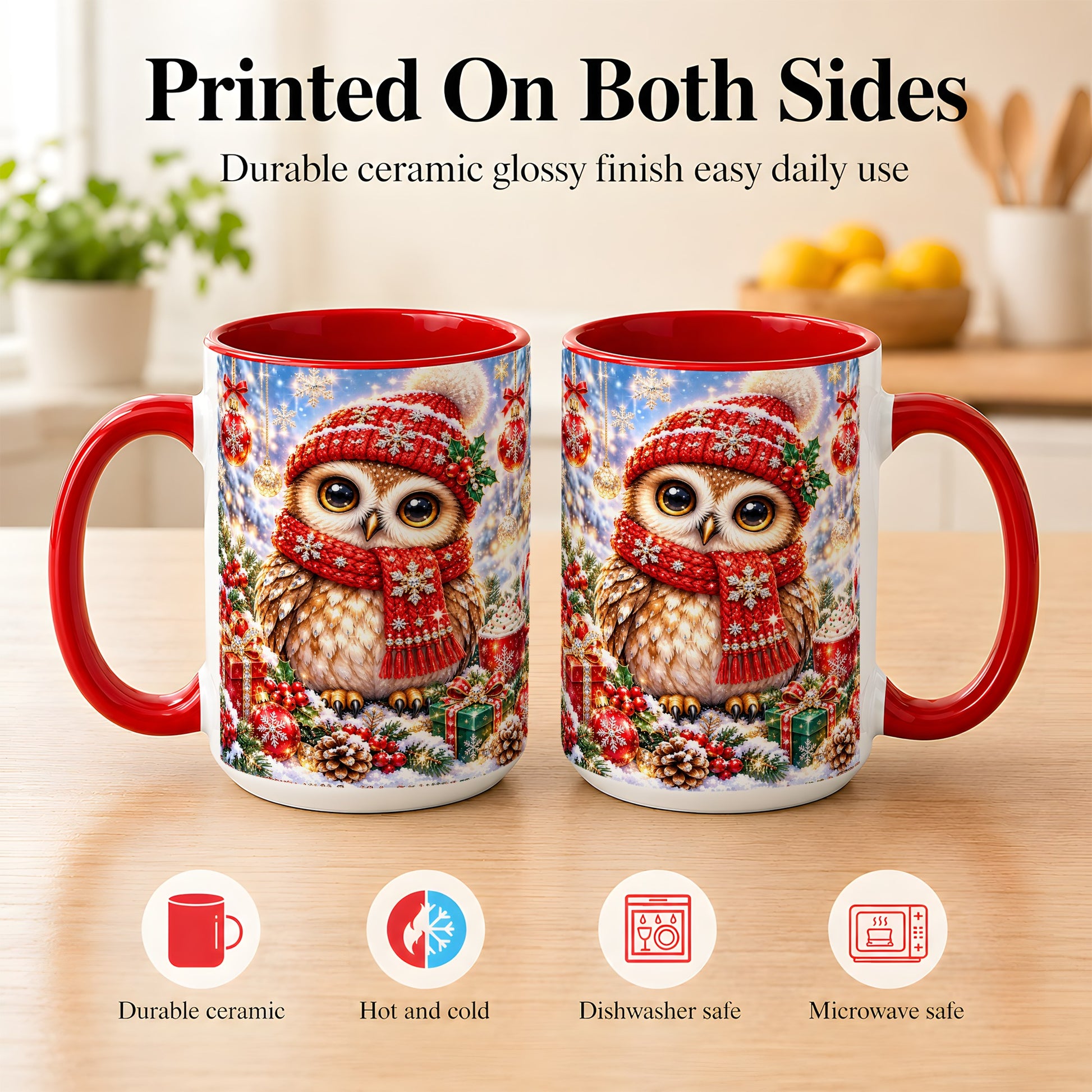 #pl[15oz|Red] Jeweled Christmas Owl Coffee Mug, Winter Owl Mug, Ceramic Cup