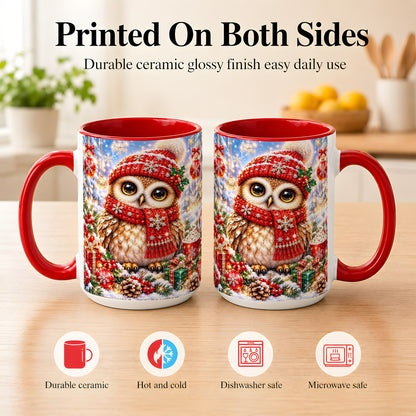 #pl[15oz|Red] Jeweled Christmas Owl Coffee Mug, Winter Owl Mug, Ceramic Cup