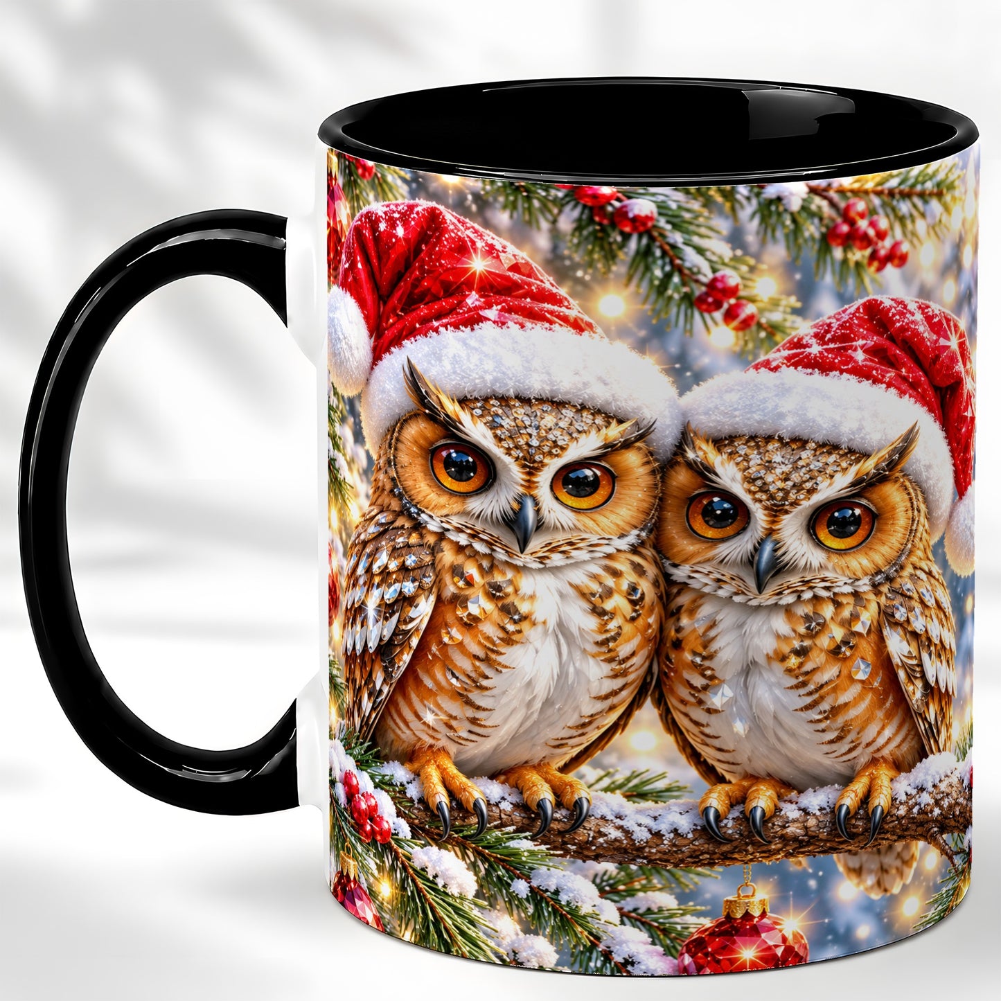 #pl[11oz|Black] Christmas Owl Couple Coffee Mug, Winter Owl Mug, Ceramic Cup