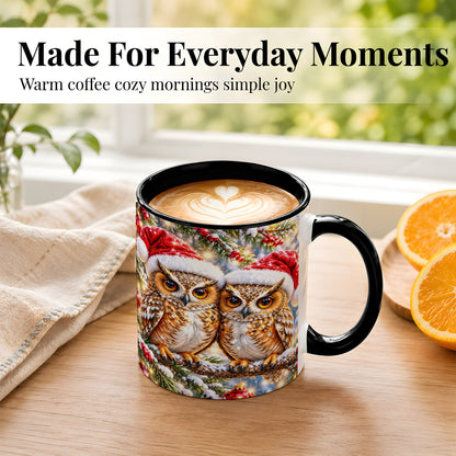 #pl[11oz|Black] Christmas Owl Couple Coffee Mug, Winter Owl Mug, Ceramic Cup