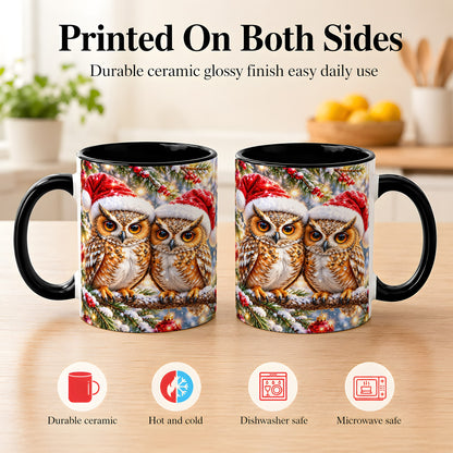 #pl[11oz|Black] Christmas Owl Couple Coffee Mug, Winter Owl Mug, Ceramic Cup