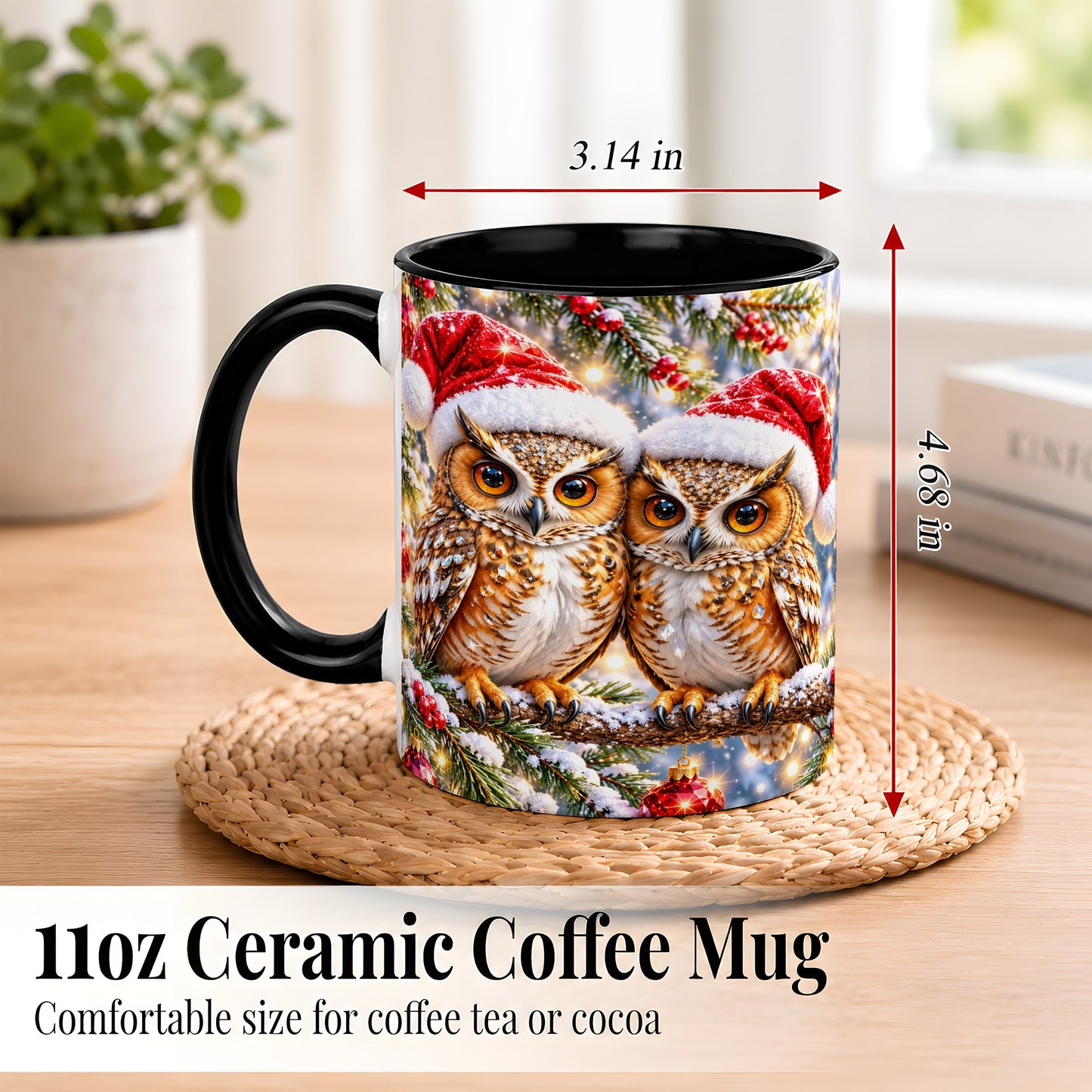 #pl[11oz|Black] Christmas Owl Couple Coffee Mug, Winter Owl Mug, Ceramic Cup