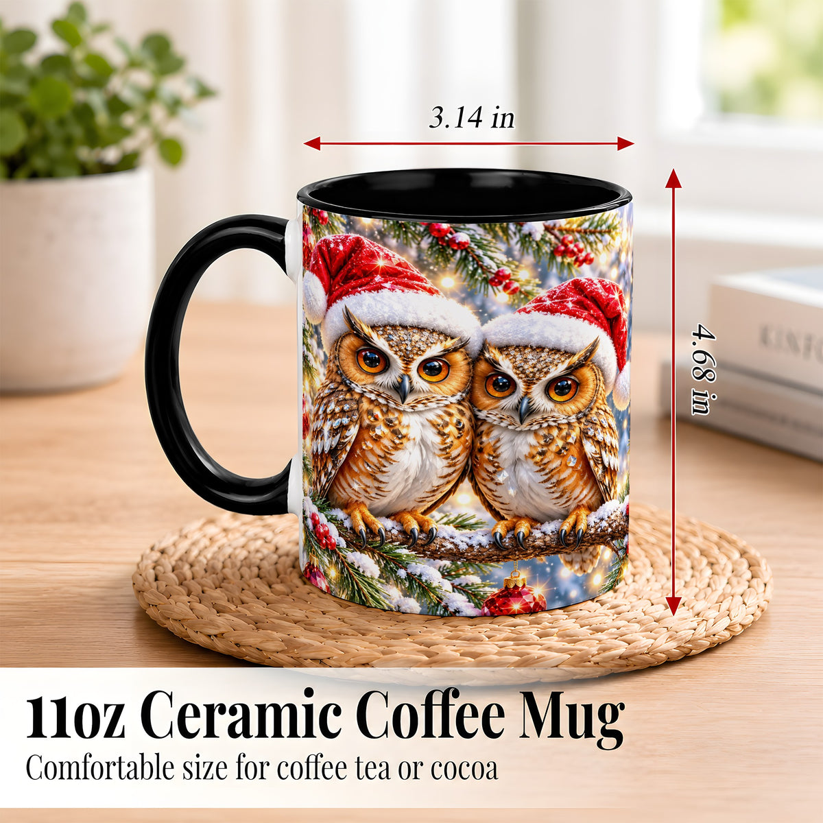 #pl[11oz|Black] Christmas Owl Couple Coffee Mug, Winter Owl Mug, Ceramic Cup