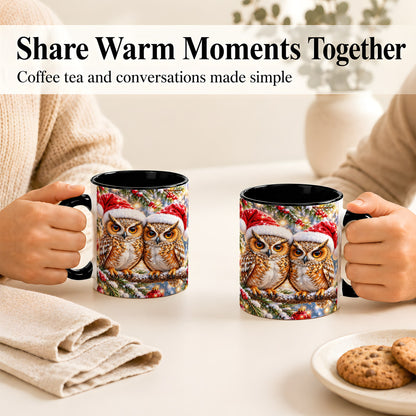 #pl[11oz|Black] Christmas Owl Couple Coffee Mug, Winter Owl Mug, Ceramic Cup