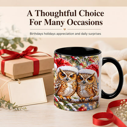 #pl[11oz|Black] Christmas Owl Couple Coffee Mug, Winter Owl Mug, Ceramic Cup