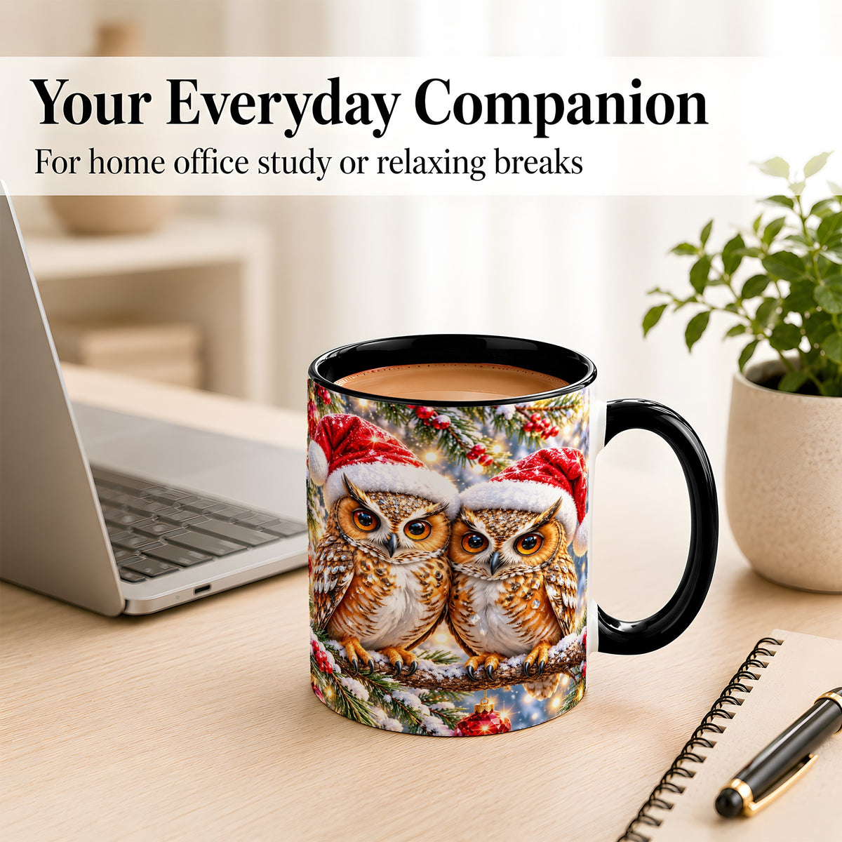 #pl[11oz|Black] Christmas Owl Couple Coffee Mug, Winter Owl Mug, Ceramic Cup