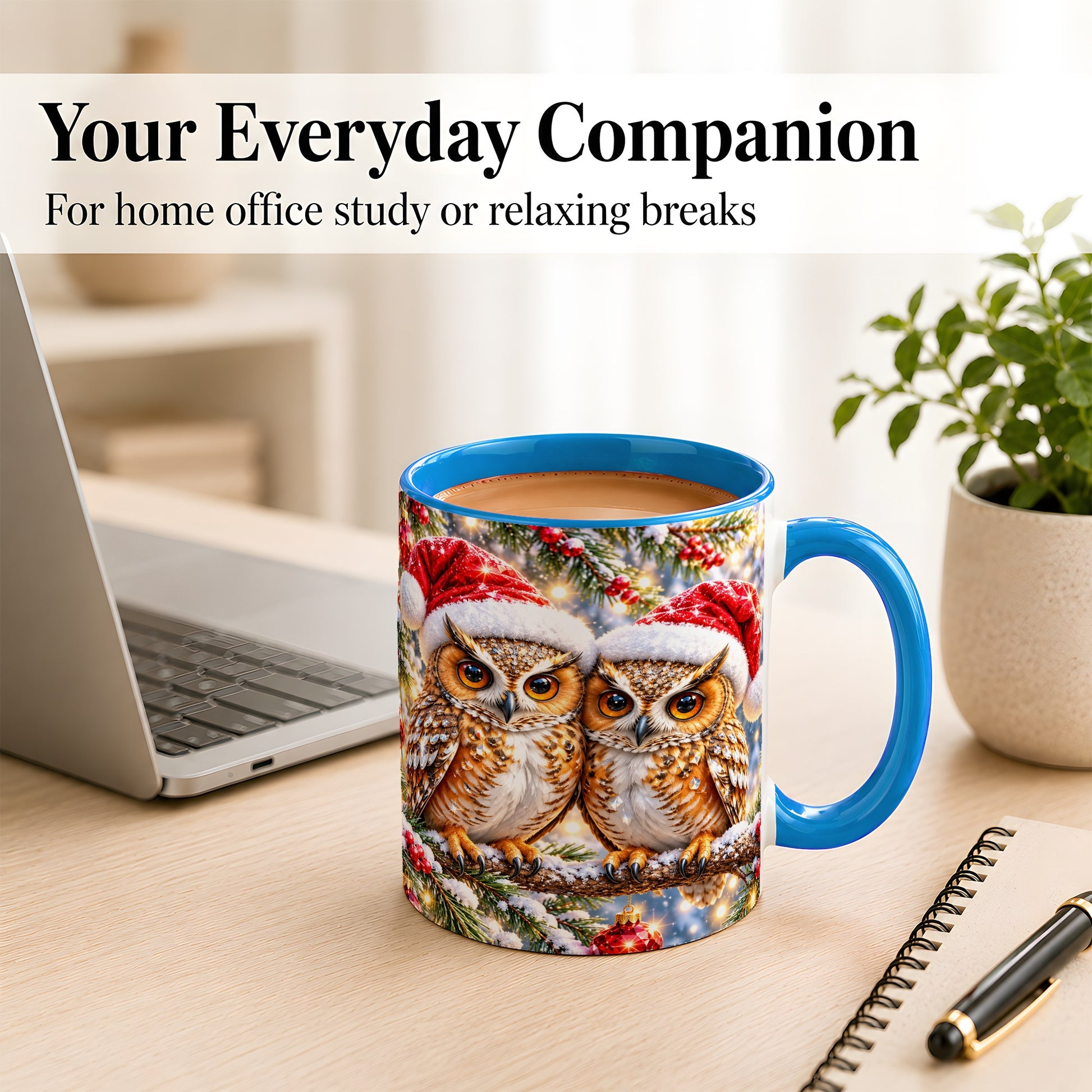 #pl[11oz|Blue] Christmas Owl Couple Coffee Mug, Winter Owl Mug, Ceramic Cup