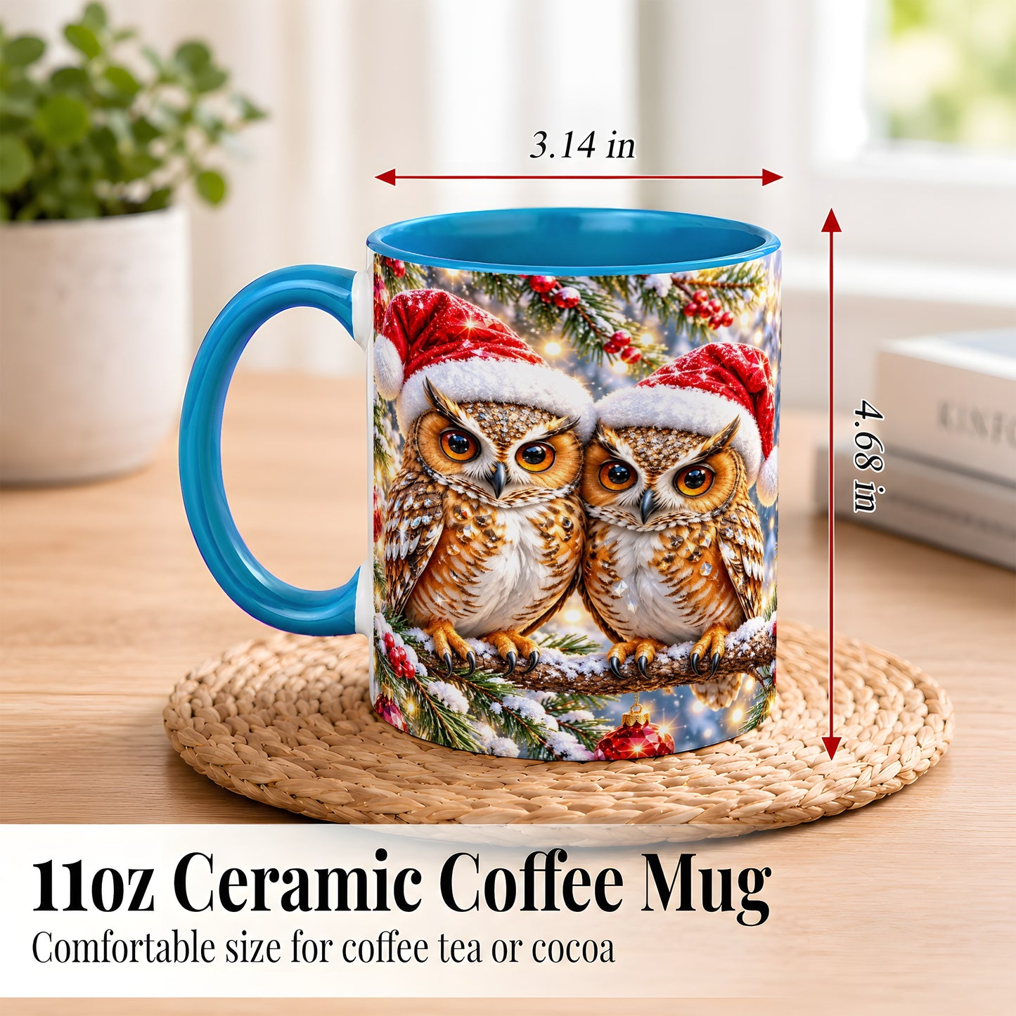 #pl[11oz|Blue] Christmas Owl Couple Coffee Mug, Winter Owl Mug, Ceramic Cup