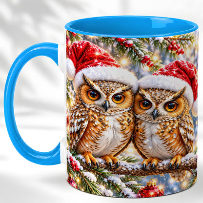 #pl[11oz|Blue] Christmas Owl Couple Coffee Mug, Winter Owl Mug, Ceramic Cup