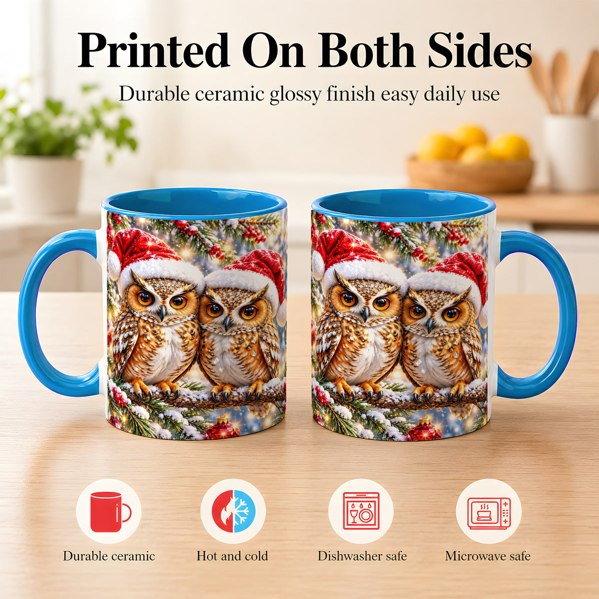 #pl[11oz|Blue] Christmas Owl Couple Coffee Mug, Winter Owl Mug, Ceramic Cup