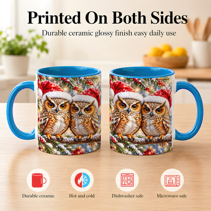 #pl[11oz|Blue] Christmas Owl Couple Coffee Mug, Winter Owl Mug, Ceramic Cup