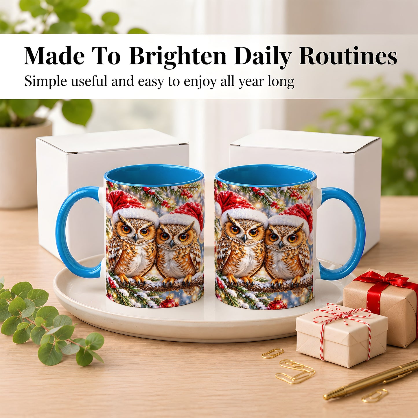 #pl[11oz|Blue] Christmas Owl Couple Coffee Mug, Winter Owl Mug, Ceramic Cup