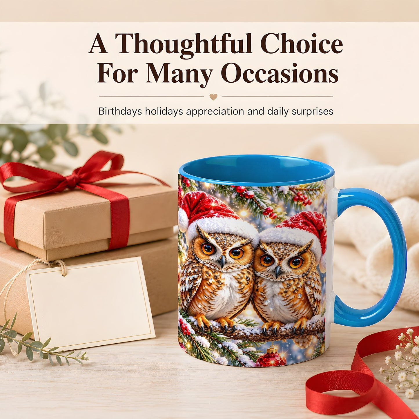 #pl[11oz|Blue] Christmas Owl Couple Coffee Mug, Winter Owl Mug, Ceramic Cup