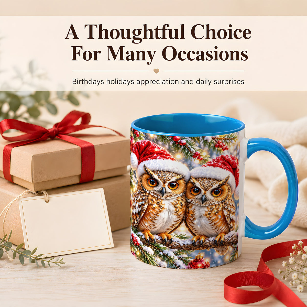 #pl[11oz|Blue] Christmas Owl Couple Coffee Mug, Winter Owl Mug, Ceramic Cup