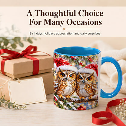 #pl[11oz|Blue] Christmas Owl Couple Coffee Mug, Winter Owl Mug, Ceramic Cup
