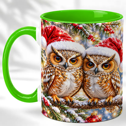 #pl[11oz|Green] Christmas Owl Couple Coffee Mug, Winter Owl Mug, Ceramic Cup