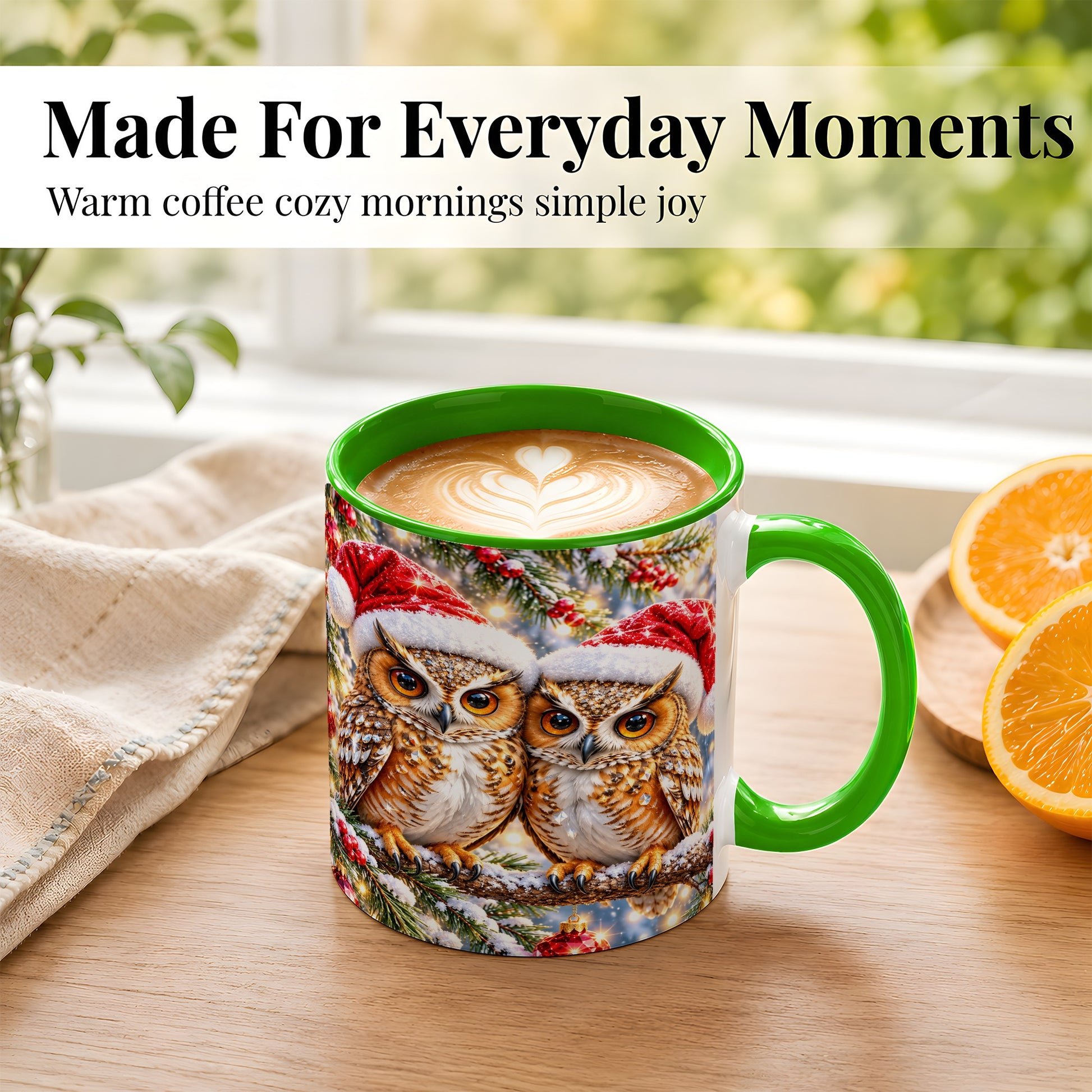 #pl[11oz|Green] Christmas Owl Couple Coffee Mug, Winter Owl Mug, Ceramic Cup