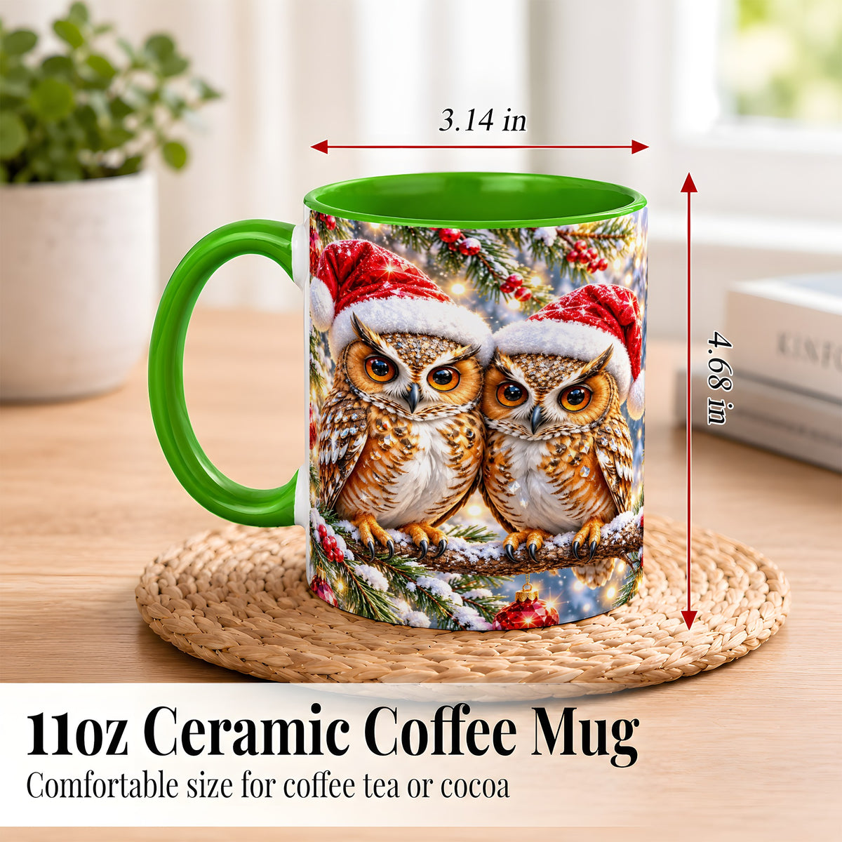 #pl[11oz|Green] Christmas Owl Couple Coffee Mug, Winter Owl Mug, Ceramic Cup