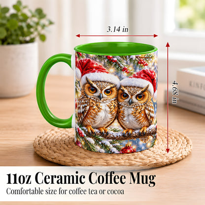 #pl[11oz|Green] Christmas Owl Couple Coffee Mug, Winter Owl Mug, Ceramic Cup