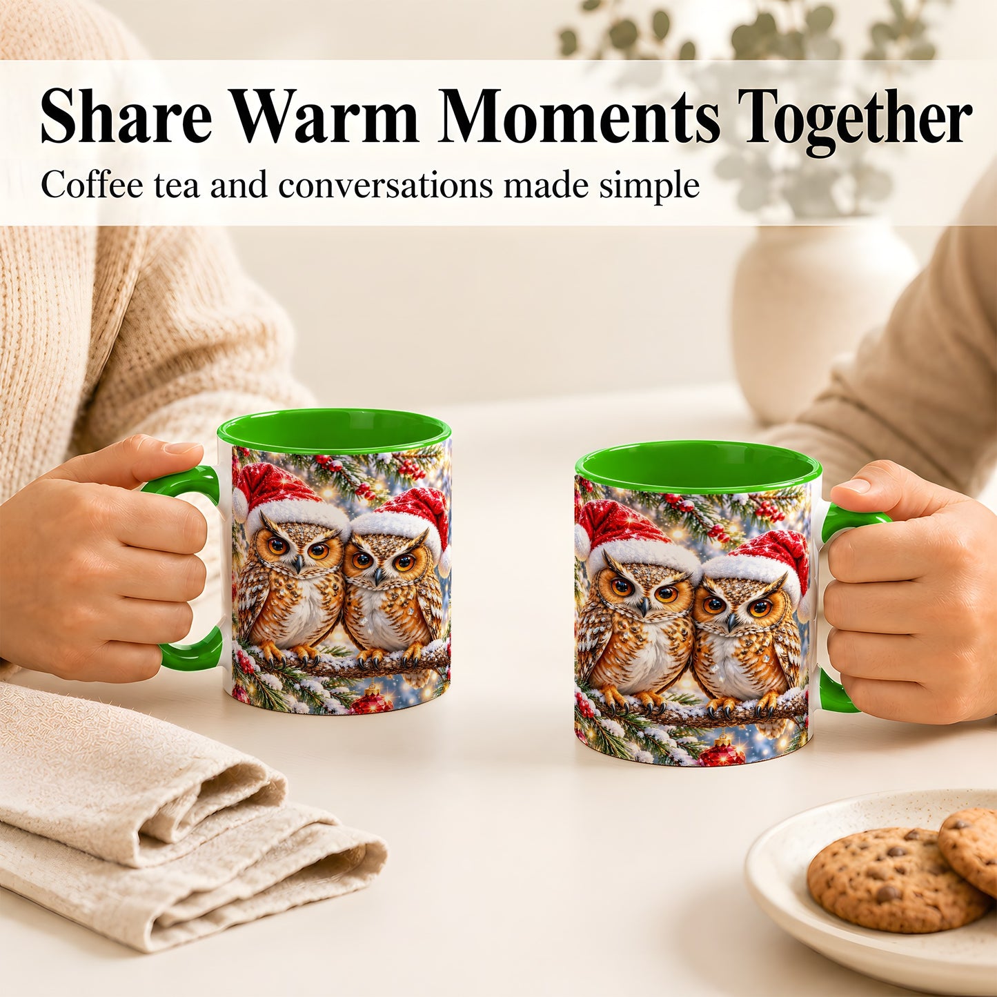 #pl[11oz|Green] Christmas Owl Couple Coffee Mug, Winter Owl Mug, Ceramic Cup