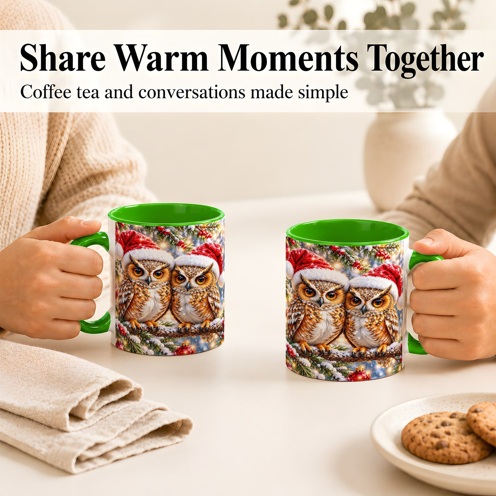 #pl[11oz|Green] Christmas Owl Couple Coffee Mug, Winter Owl Mug, Ceramic Cup