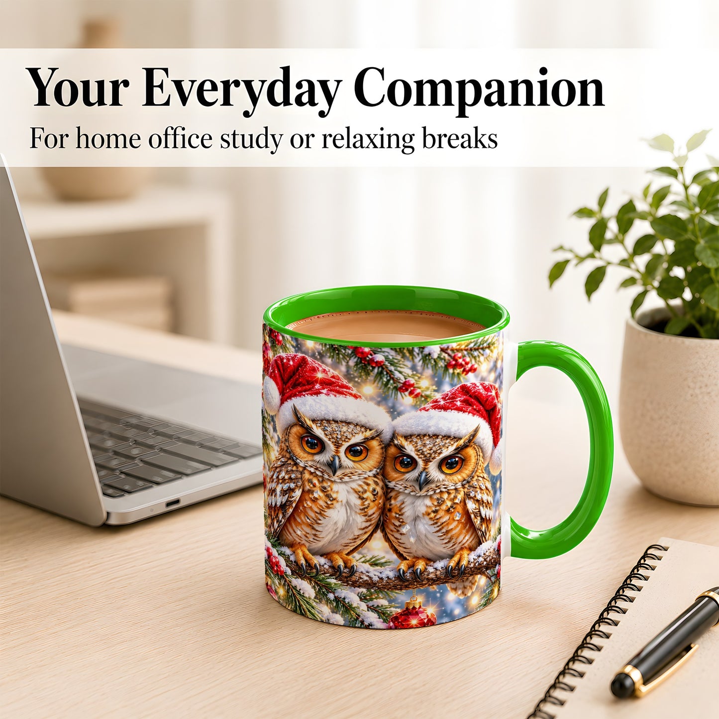 #pl[11oz|Green] Christmas Owl Couple Coffee Mug, Winter Owl Mug, Ceramic Cup
