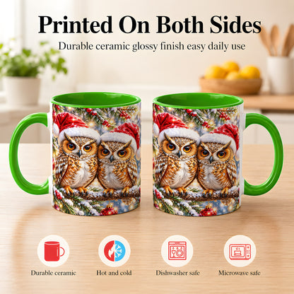 #pl[11oz|Green] Christmas Owl Couple Coffee Mug, Winter Owl Mug, Ceramic Cup