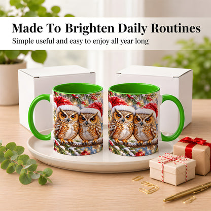 #pl[11oz|Green] Christmas Owl Couple Coffee Mug, Winter Owl Mug, Ceramic Cup