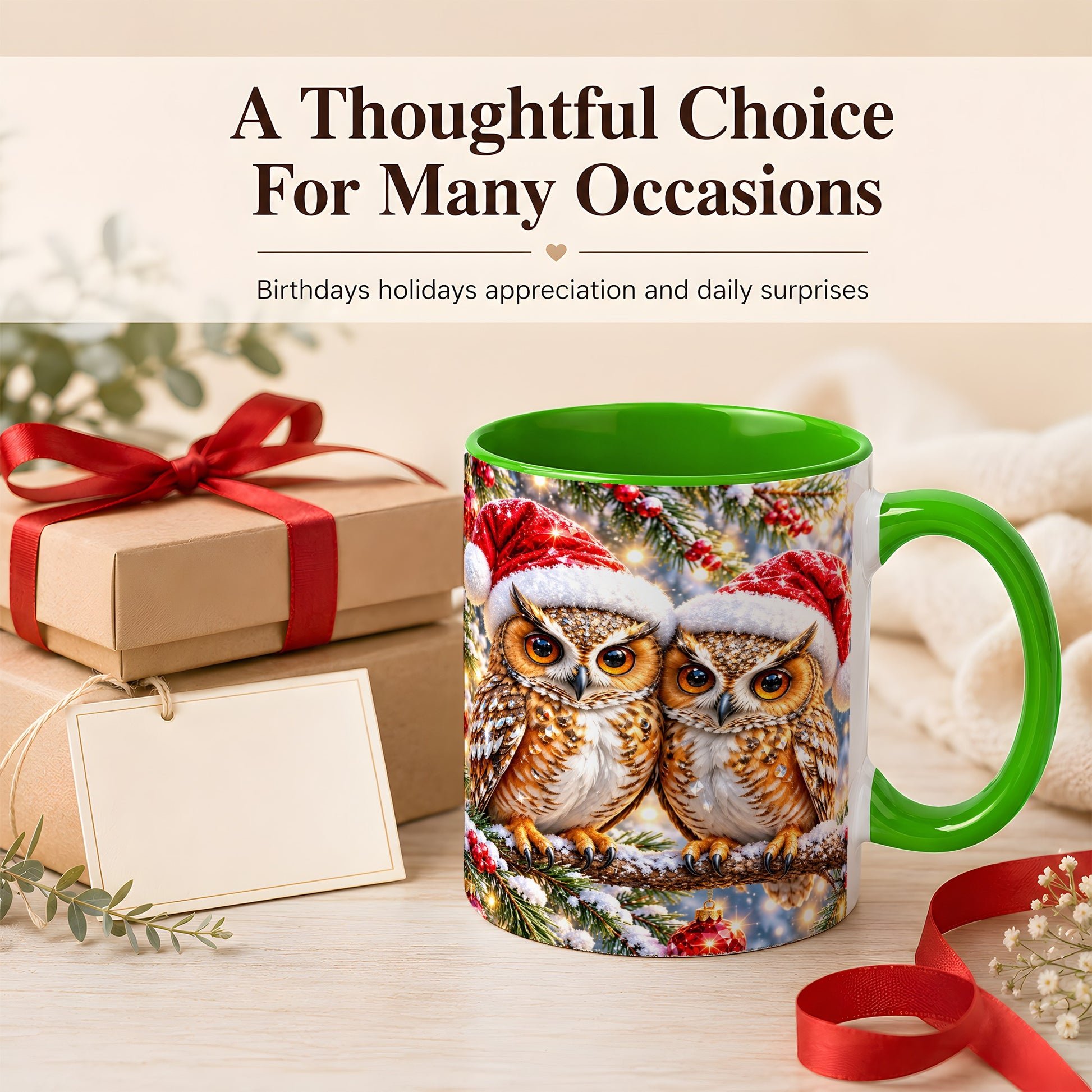 #pl[11oz|Green] Christmas Owl Couple Coffee Mug, Winter Owl Mug, Ceramic Cup